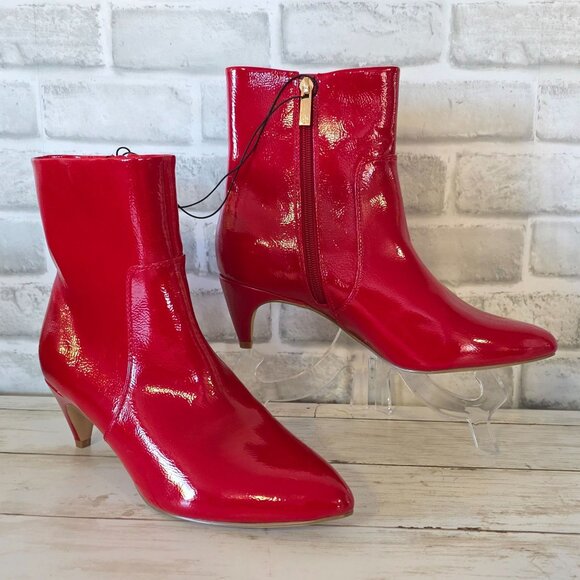 Nannette Lepore Shiny Red Faux Leather Boots Kitten Heels Classic 10 NWOB - Picture 9 of 11